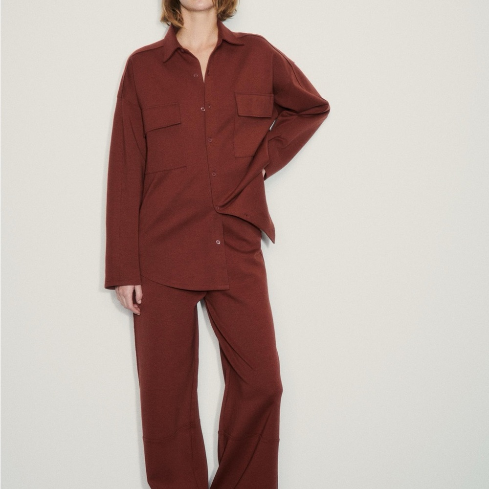 Set Zara Wide-Leg Pants & Button-Up Shirt Set - Rust Brown